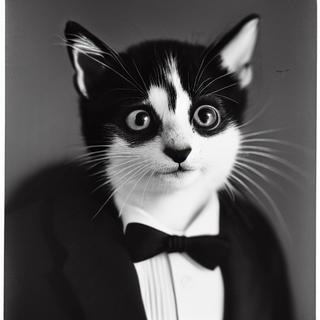a black and white medium format 85mm portrait photograph of a kitten in a tuxedo on his way to a funeral, high quality photo, highly detailed, edward weston, agfa isopan iso 25, pepper no. 35 -s100 -b1 -W512 -H512 -C12.0 -S3998562582
